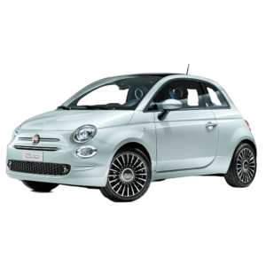 Fiat 500 bianca, vista frontale, cerchi in lega.