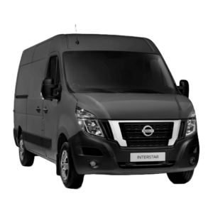 Furgone Nissan Interstar grigio, vista frontale.