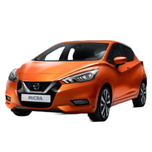 Nissan Micra arancione, vista frontale.