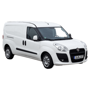 Furgone bianco Fiat Doblò, vista laterale.